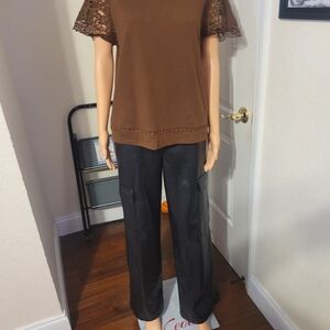 Elegant Brown Lace Sleeve Blouse
